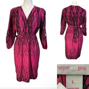 Harper & Gray dress size L pink black tie-waist shirt dress knee length office